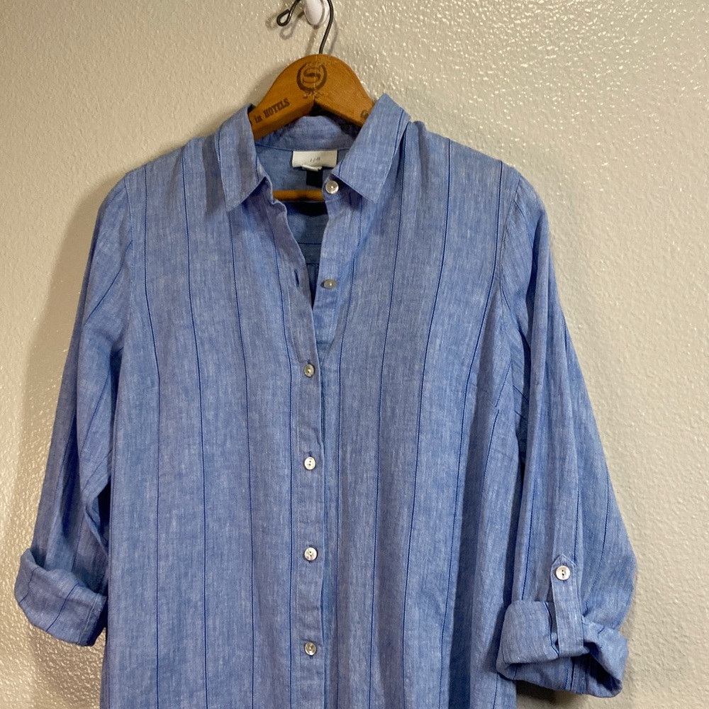 J. Jill Linen cotton Stripe Roll Tab Sleeves Button Shirt Coastal Vacation sz XS